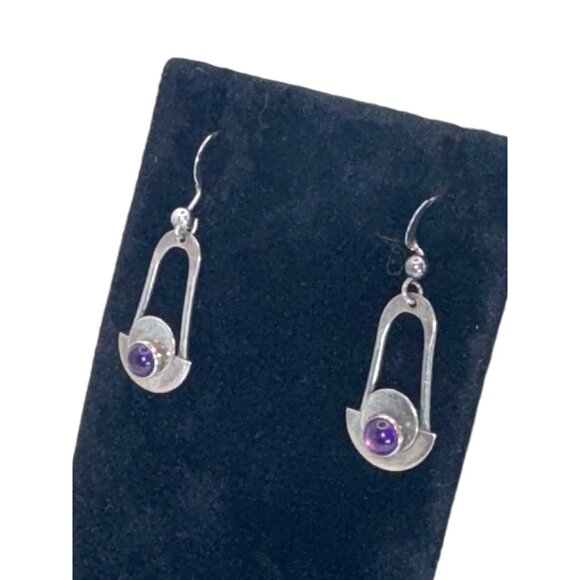 Vintage Sterling Silver & Amethyst Earrings Modernist Design - Picture 5 of 7